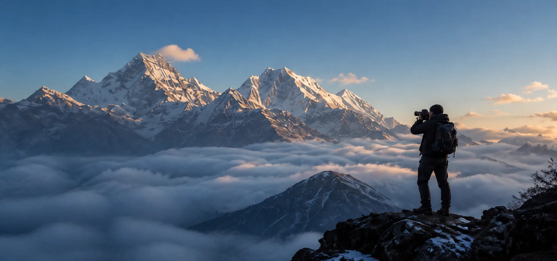 A Nepali photographer overlooking the Himalaya at sunrise.