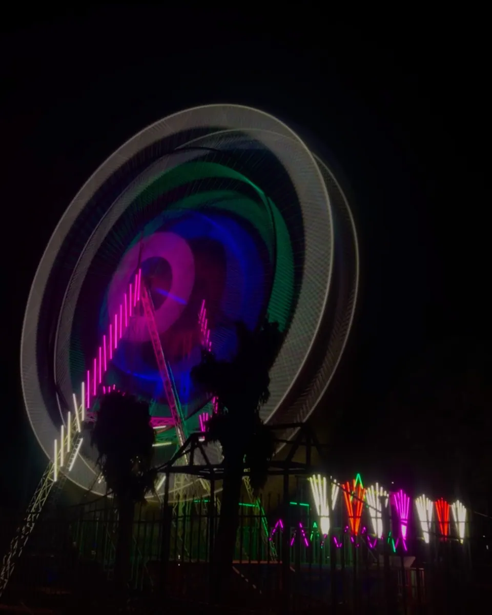 Colourful circular light trails against the night.