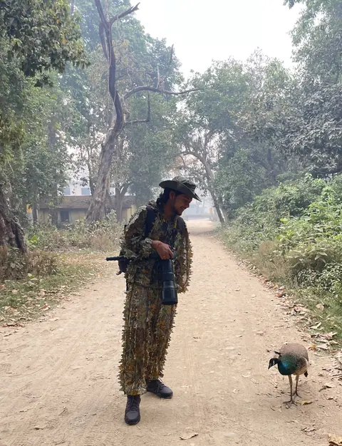 A guide walking a forest path with a dog.