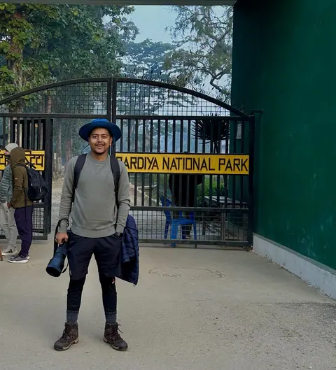 Wakif Wagle at a Nepal national park entrance.